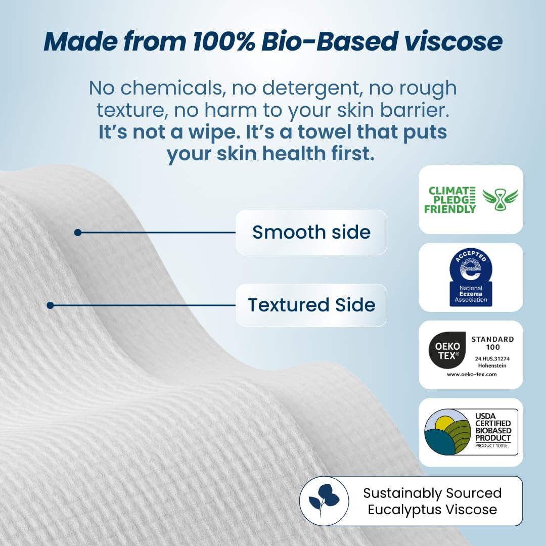 Clean Towels XL™ - 100% USDA Biobased Disposable Face Towelettes, Eczema Association Approved, Ultra Soft Makeup Remover Wipes, 50 Count per Pack