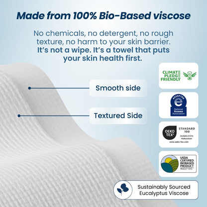 Clean Towels XL™ - 100% USDA Biobased Disposable Face Towelettes, Eczema Association Approved, Ultra Soft Makeup Remover Wipes, 50 Count per Pack