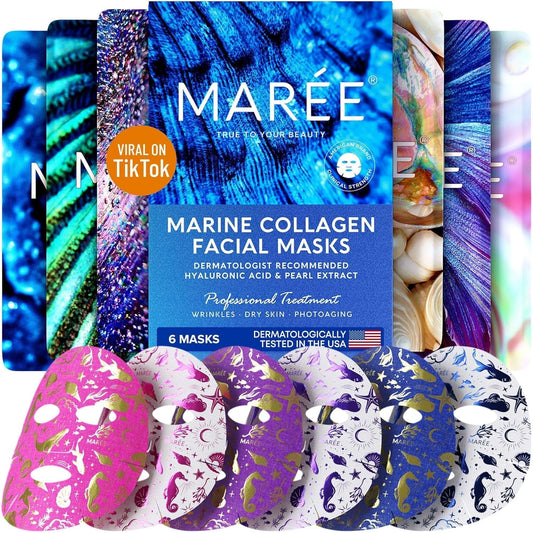 Collagen Facial Mask with Hyaluronic Acid and Algae Extract - Hydrating Sheet Masks for Women's Skincare - 6 Pack