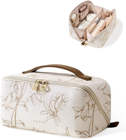 Travel Makeup Bag, Large Capacity Cosmetic Bags for Women, Waterproof Portable Pouch Open Flat Toiletry Bag Pattern Make up Bag (F-Beige)