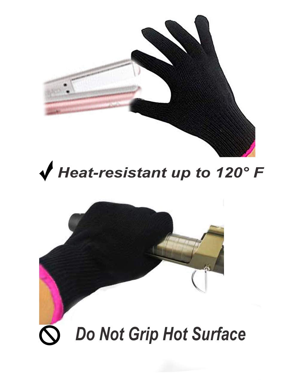 Heat Resistant Glove for Hair Styling, Curling Iron, Flat Iron and Curling Wand, Black, Pink Edge, 1 Piece