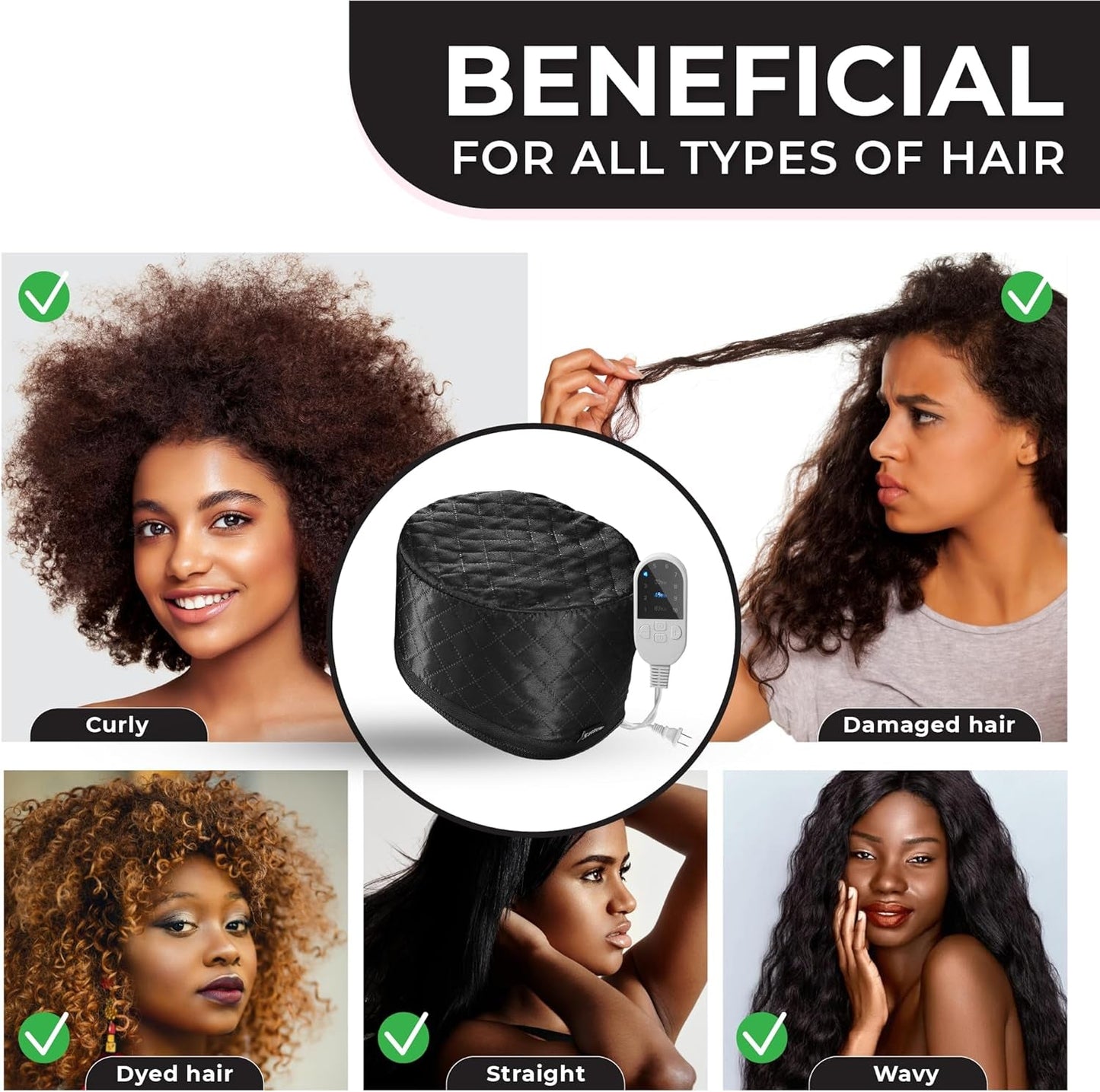 Professional Hair Steamer for Natural Hair with 10 Heat Settings - Quick Heating Thermal Cap for Deep Conditioning, Ideal for Black Hair (Black)
