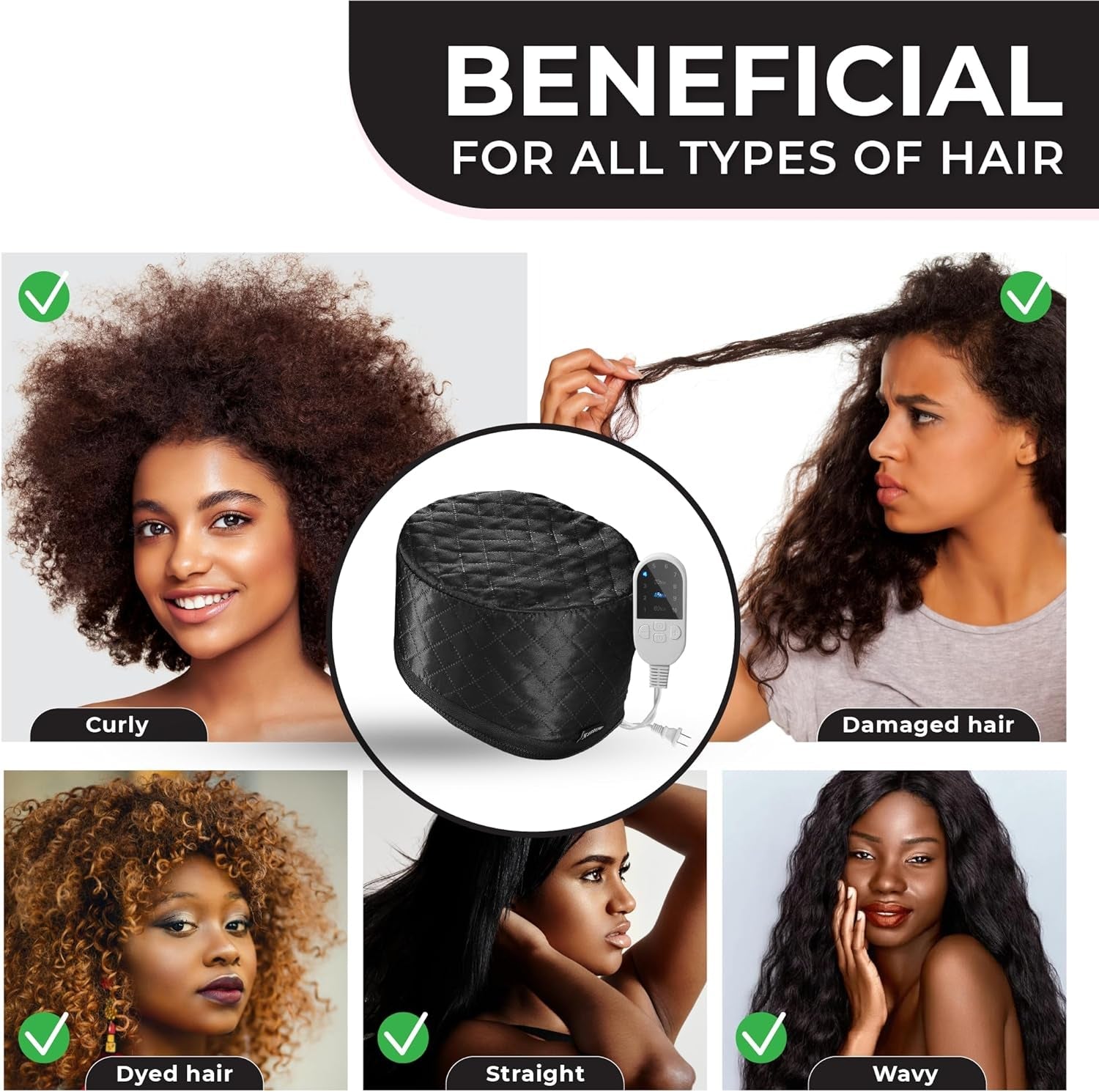 Professional Hair Steamer for Natural Hair with 10 Heat Settings - Quick Heating Thermal Cap for Deep Conditioning, Ideal for Black Hair (Black)