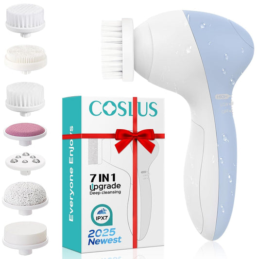 Facial Cleansing Brush Silicone Face Scrubber: 7 in 1 FBS-D Electric Exfoliating Rotating Massage Device Waterproof Deep Cleaning Exfoliation Spa Machine - Electronic Skin Care Wash System