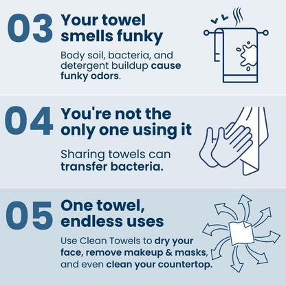 Clean Towels XL™ - 100% USDA Biobased Disposable Face Towelettes, Eczema Association Approved, Ultra Soft Makeup Remover Wipes, 50 Count per Pack