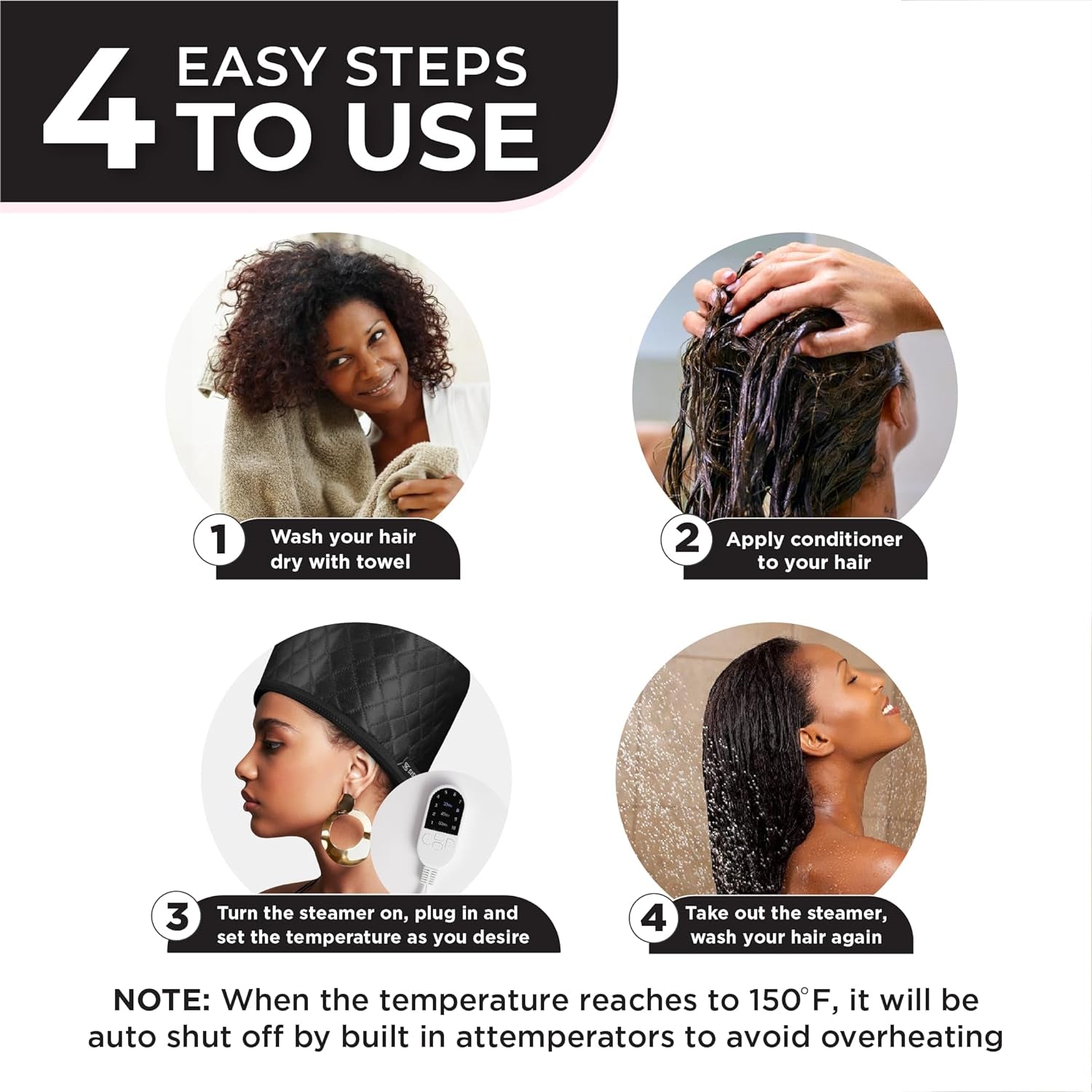Professional Hair Steamer for Natural Hair with 10 Heat Settings - Quick Heating Thermal Cap for Deep Conditioning, Ideal for Black Hair (Black)