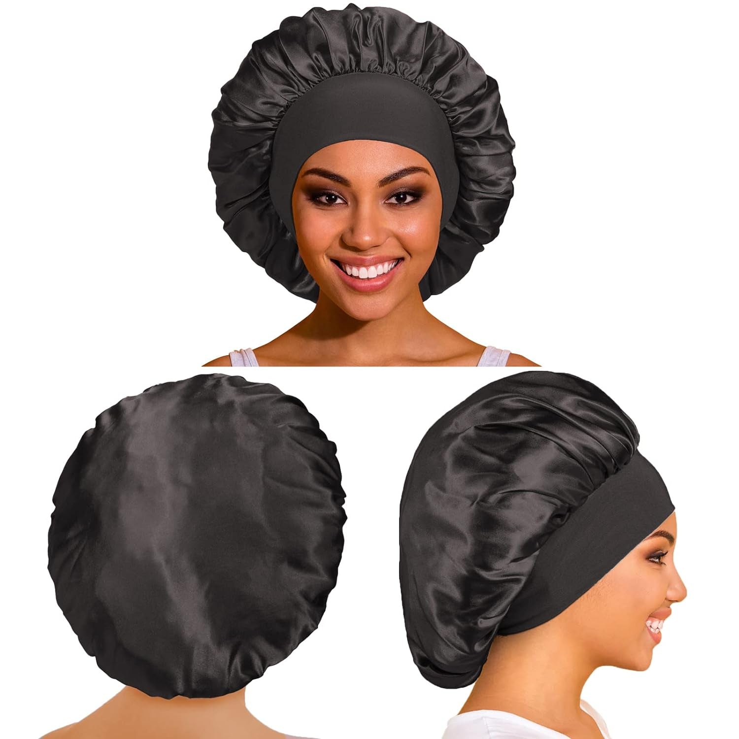3 Pack Satin Bonnet Silk Bonnet for Sleeping, Sleep Bonnets for Women Hair Bonnet for Sleeping Large Sleep Cap, Wide Soft Band Bonnet for Curly Hair
