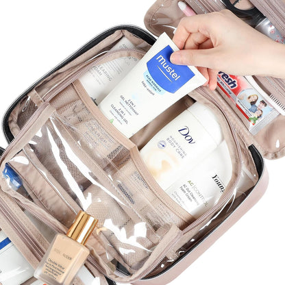 Travel Toiletry Bag for Women, Portable Hanging Organizer for Travel-Sized Shampoo, Conditioner, Brushes Set, Makeup Accessories, Medium Size, Pink