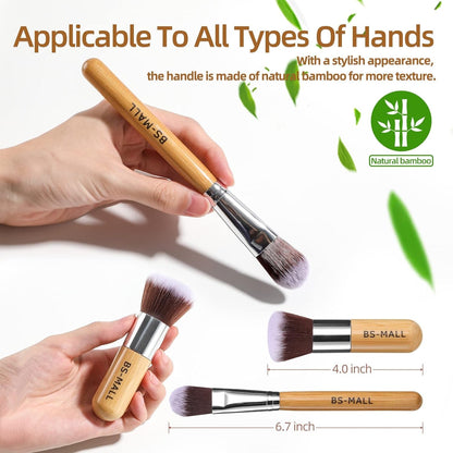 Makeup Brush Set 11Pcs Bamboo Synthetic Kabuki Brush Set Foundation Powder Blending Concealer Eye Shadows Blush Cosmetics Brushes with Organizer Bag & Makeup Sponge