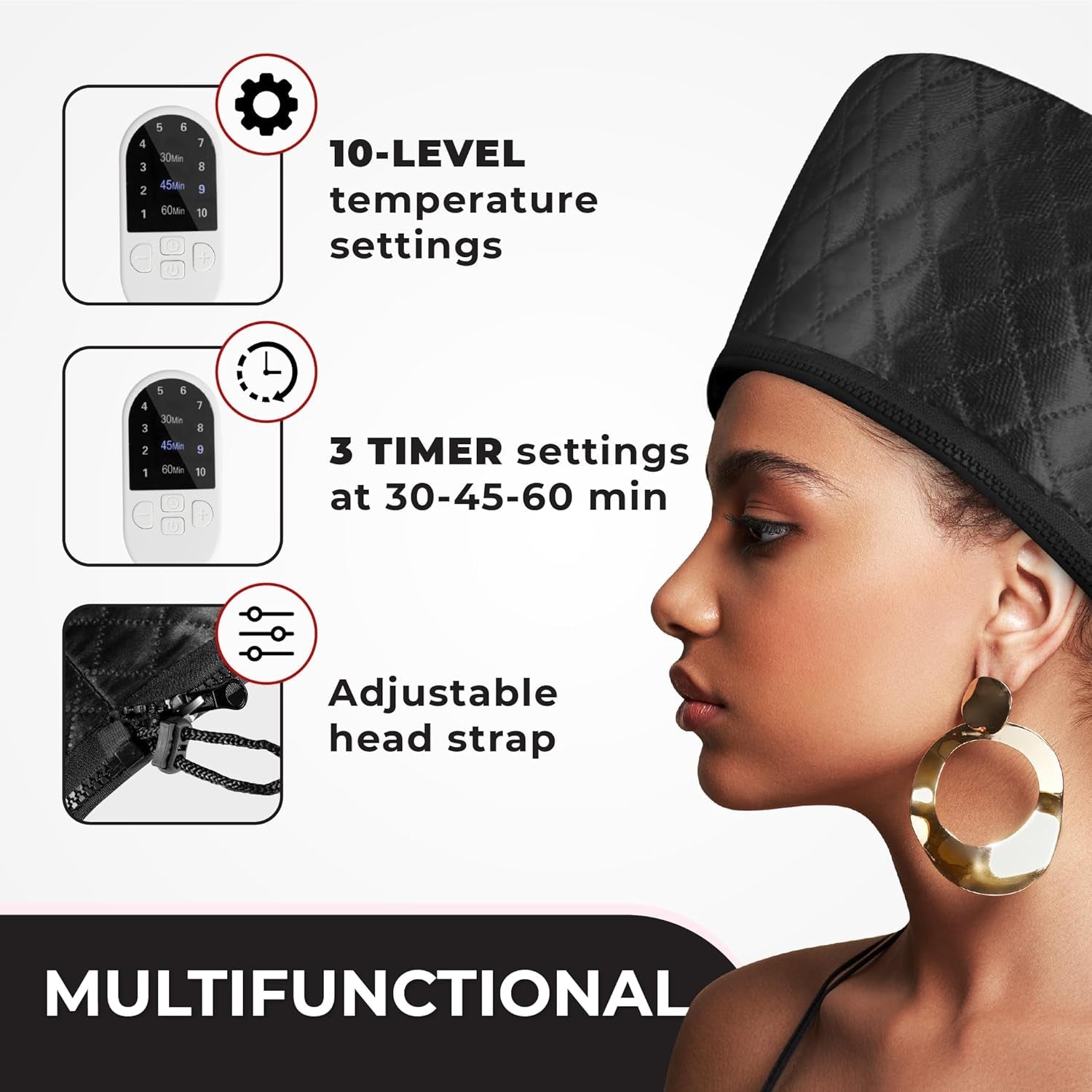 Professional Hair Steamer for Natural Hair with 10 Heat Settings - Quick Heating Thermal Cap for Deep Conditioning, Ideal for Black Hair (Black)