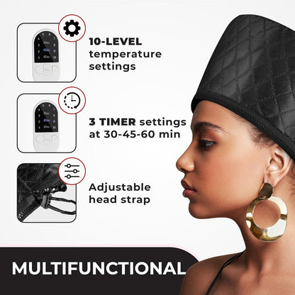 Professional Hair Steamer for Natural Hair with 10 Heat Settings - Quick Heating Thermal Cap for Deep Conditioning, Ideal for Black Hair (Black)