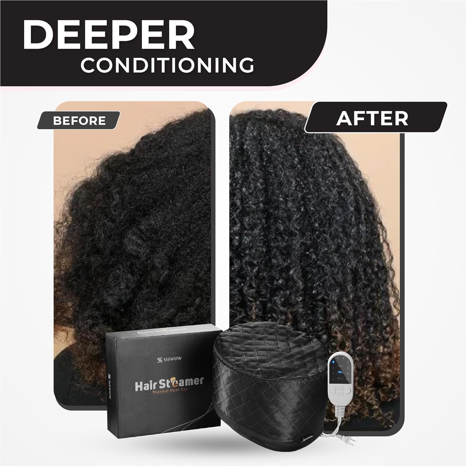Professional Hair Steamer for Natural Hair with 10 Heat Settings - Quick Heating Thermal Cap for Deep Conditioning, Ideal for Black Hair (Black)