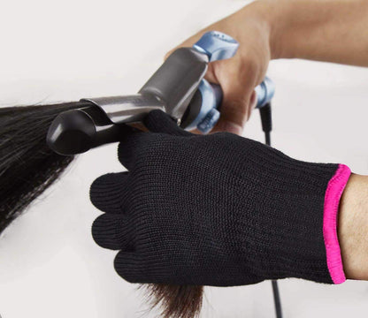 Heat Resistant Glove for Hair Styling, Curling Iron, Flat Iron and Curling Wand, Black, Pink Edge, 1 Piece