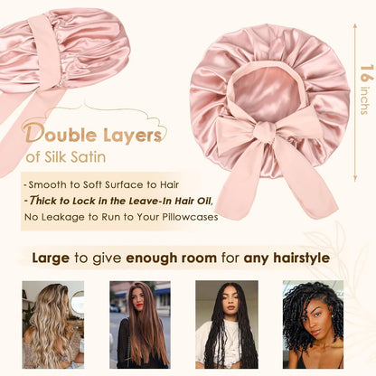 Double Layer Satin Lined Silk Bonnet for Women with Tie Band - Ideal for Curly Hair Care During Sleep