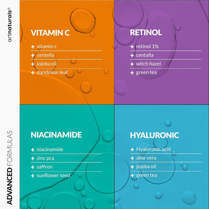 Vitamin C Serum Skin Care 4-Piece Set: Includes Retinol, Hyaluronic Acid & Niacinamide – Anti-Aging, Skin Brightening, Hydrating, Wrinkle Reduction, Dark Spot Corrector – 3-Month Supply –